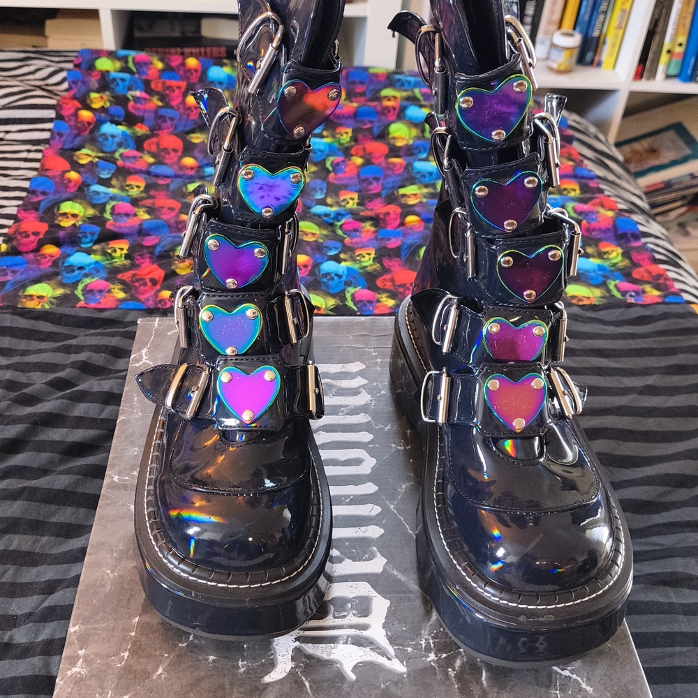 Demonia Black Heart Buckle Boots Iridescent Black ( Emily Size 8 Women's)